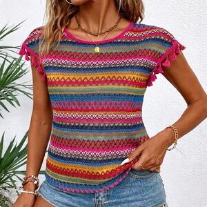 Boho “Mari” Multicolor Knit Top Tassel Sleeve
